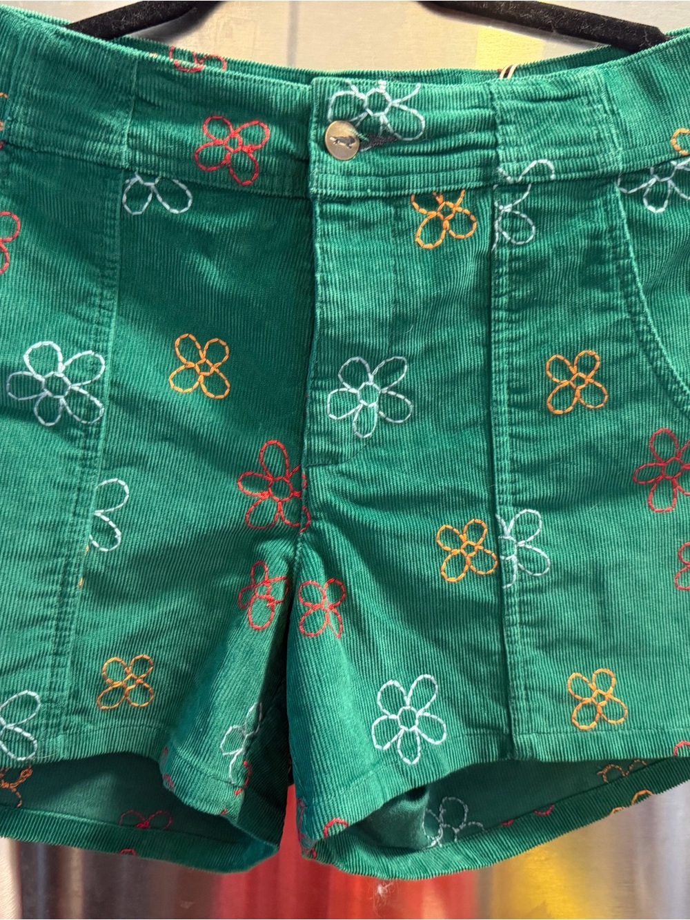 Toad&Co Green Corduroy High-Waist Shorts with Multicolor Floral Embroidery